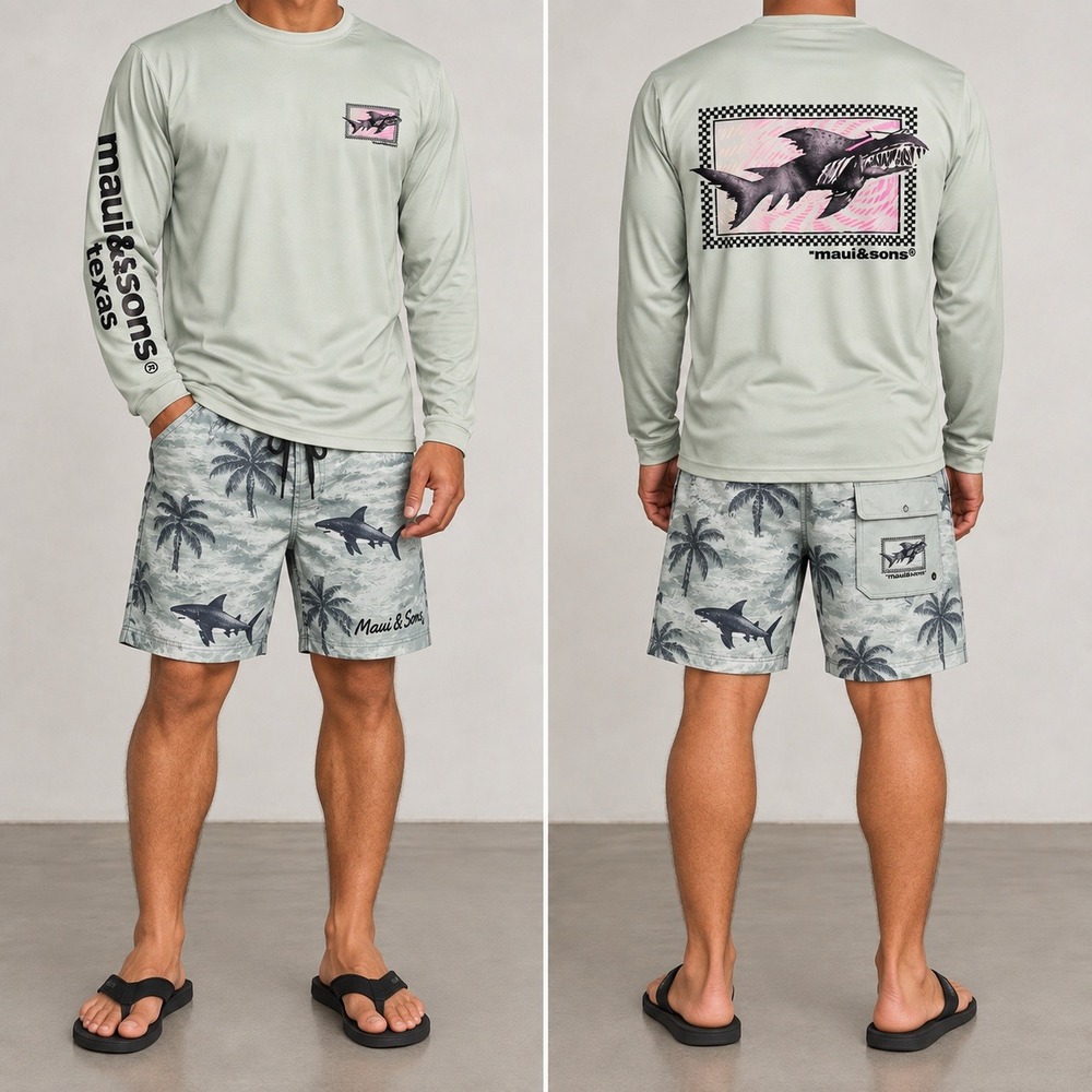 Maui & Sons Long Sleeve Shirt Mens 3XL UPF 50+ Shark Graphic Texas Light Green